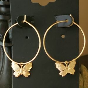 Gold Hoop Earrings w/Butterfly Charm